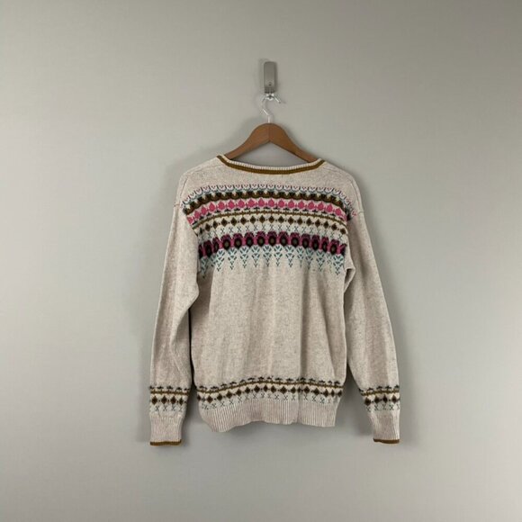 Sundance Innis Fair Isle Cream Cotton Knit Henley Sweater Size Small - Picture 2 of 6